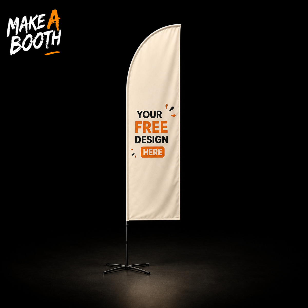 Teardrop advertising flag, cream fabric with orange 'YOUR FREE DESIGN HERE' text