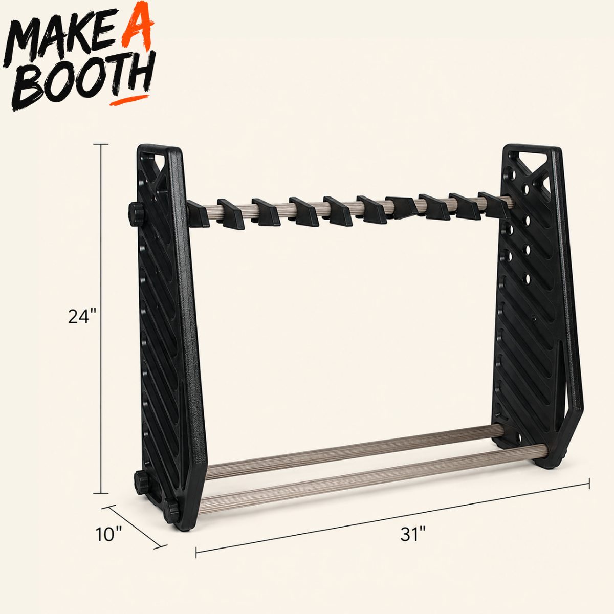 Black gun rack with staggered holders and silver rails, measured 31 in wide.