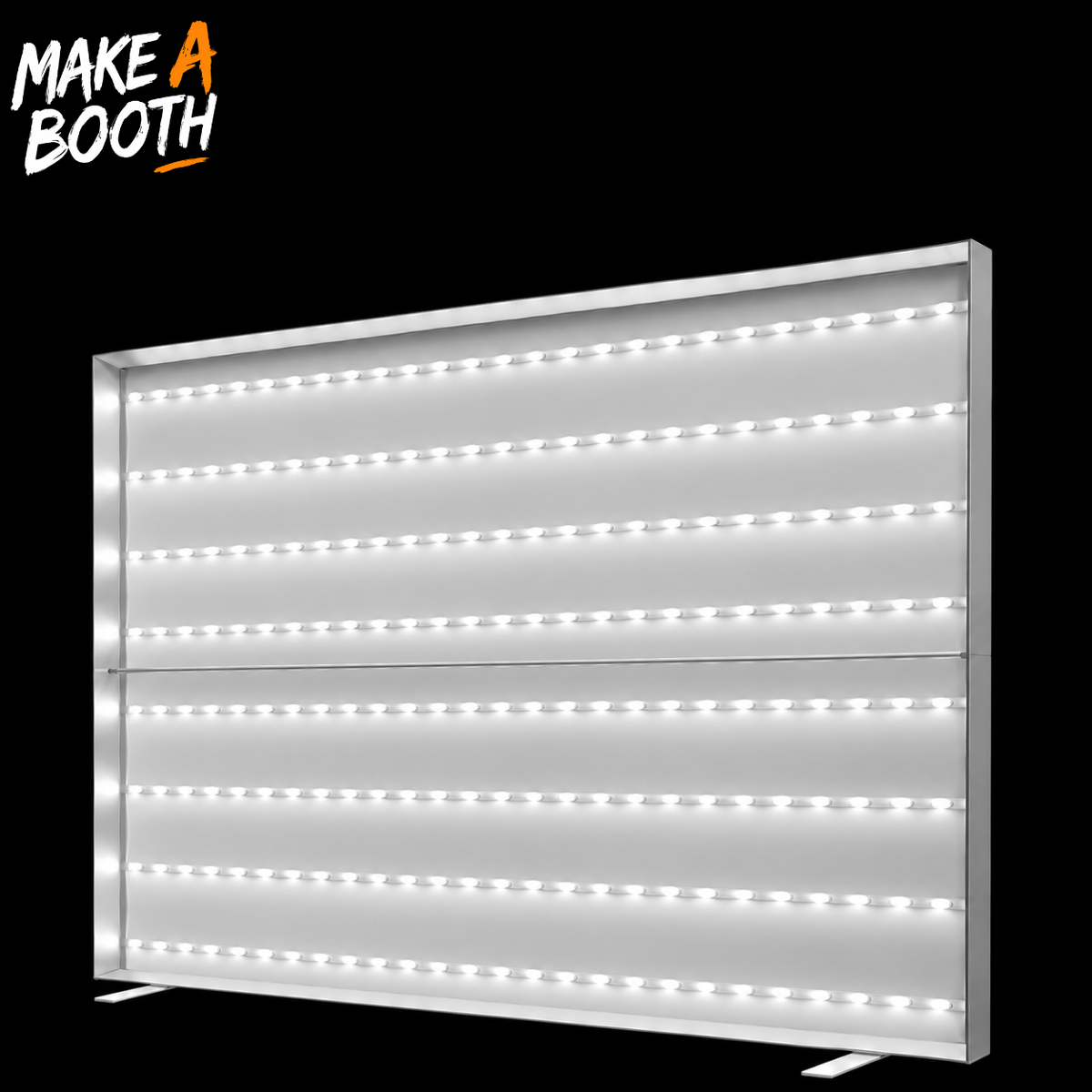Frameless SEG lightbox display angled view with LED strips around the border and side feet