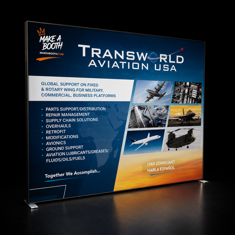 Frameless black LED lightbox display on stand with blue aviation infographic graphic panel