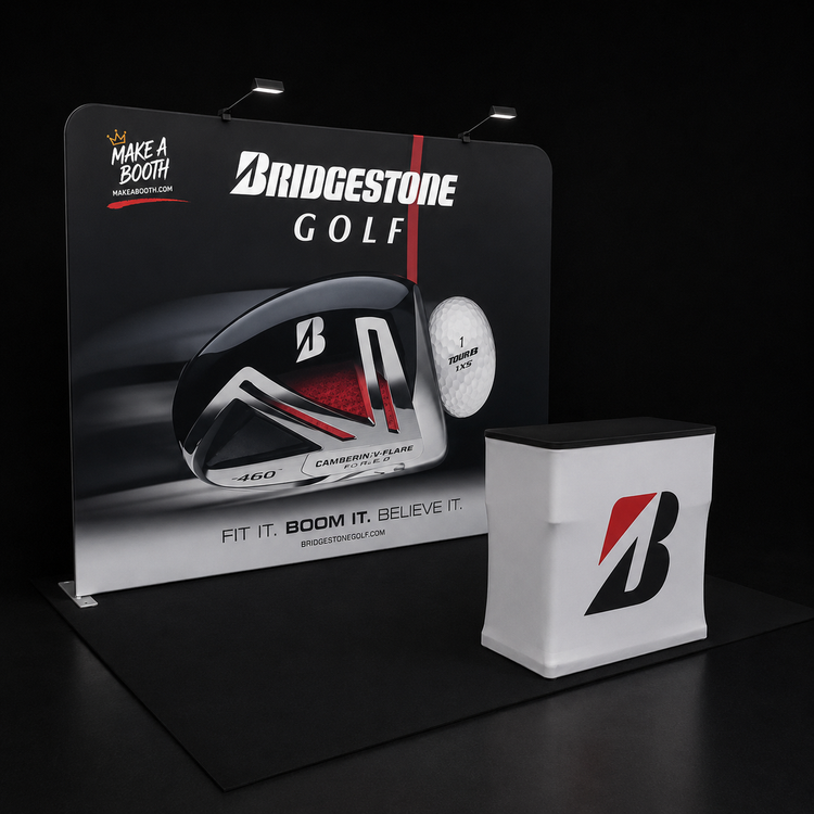 Straight tension fabric display kit with printed backdrop and matching counter box