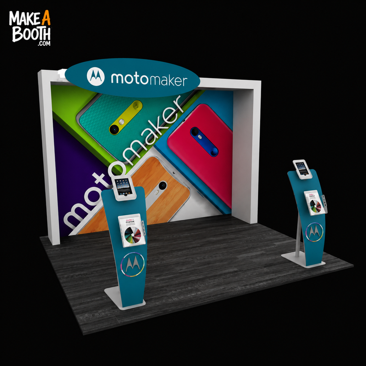 Backlit exhibit display kit with white frame and teal side podiums on wood base