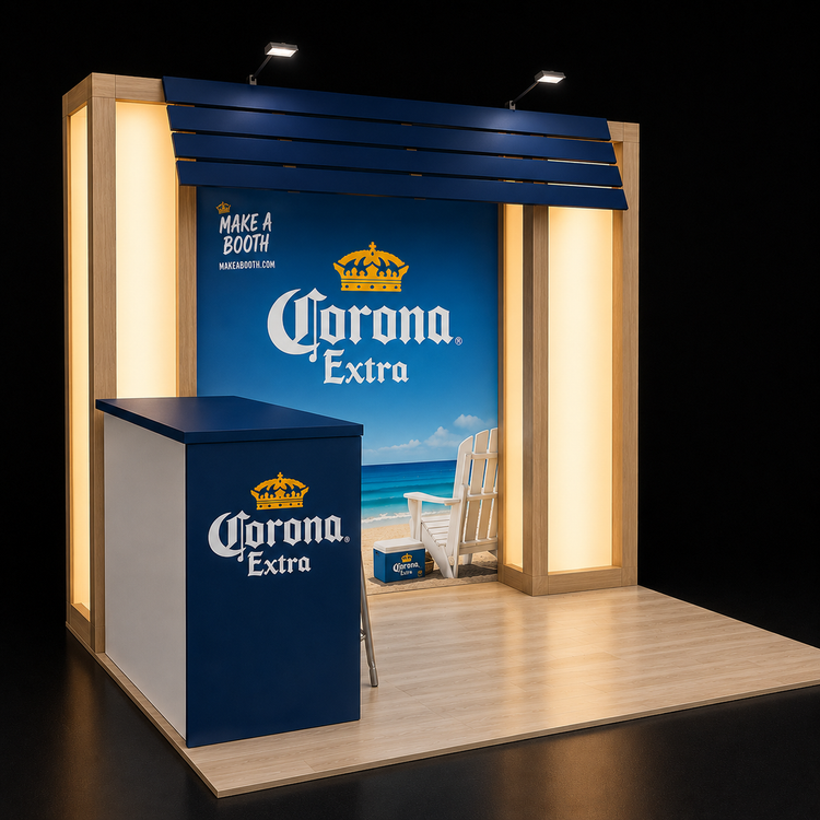 10 x 10 booth with a wood-look frame and lit columns