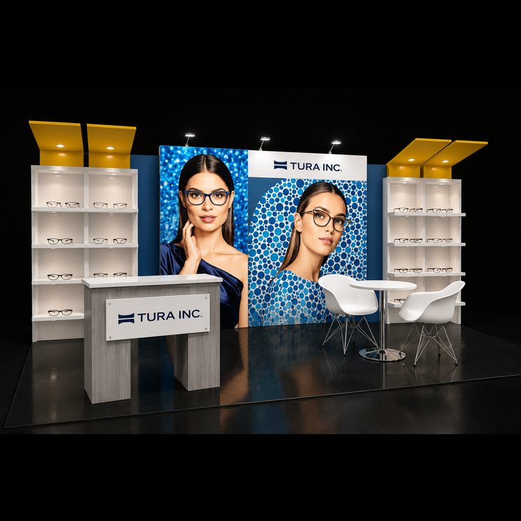 Modular backlit exhibit display kit with central counter, white shelves, and lit backdrop