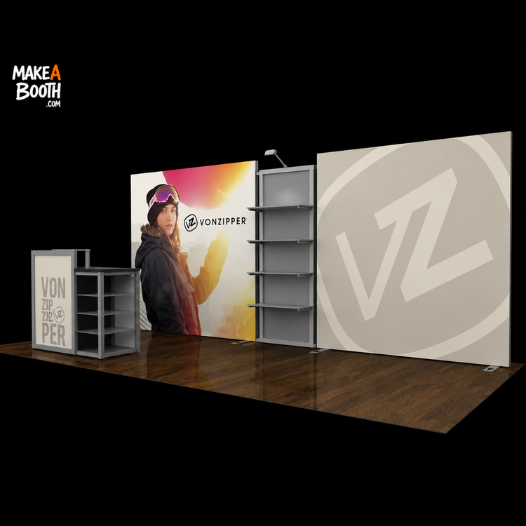 Modular backlit exhibit display kit with open shelving and illuminated wall panel