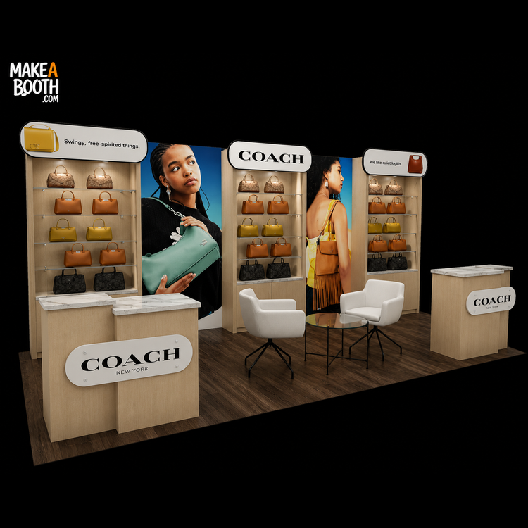 Modular backlit exhibit display kit with counters, chairs, and illuminated back panels