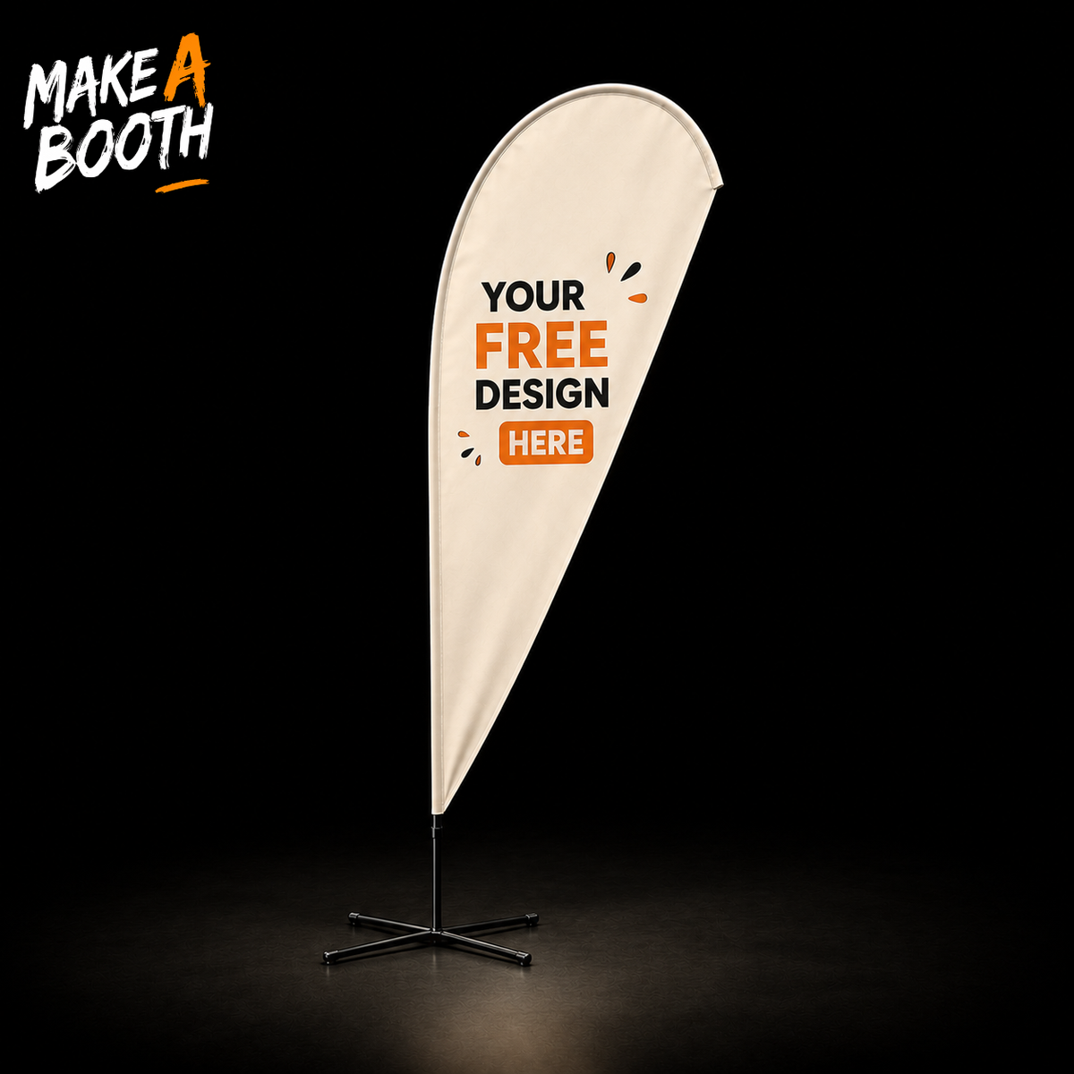 Convex feather advertising flag, cream fabric with orange 'YOUR FREE DESIGN HERE' print