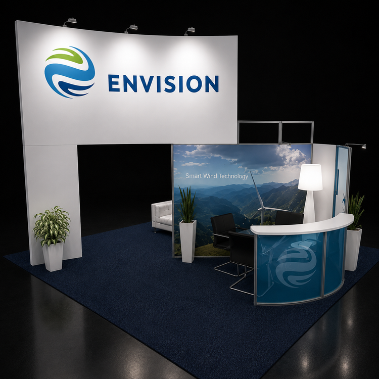 Modular island exhibit kit with white arch, island reception desk, chair, planters, blue carpet