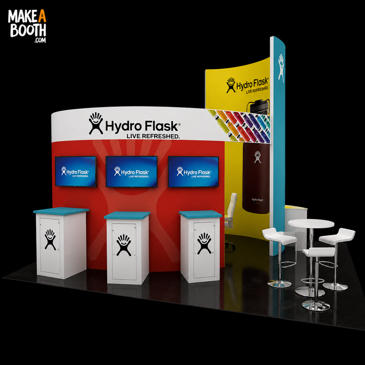 Modular island exhibit kit with red wall panels, three podiums, reception counter, three stools