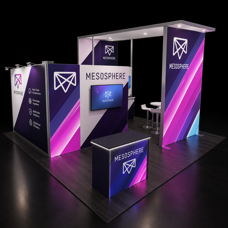 Modular island exhibit kit with illuminated wall panels, front counter, two stools, privacy door
