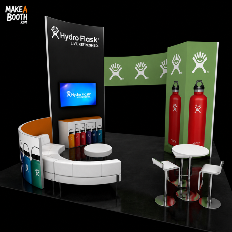 Modular island exhibit kit with tall back wall, display shelves, curved counter, two bar stools