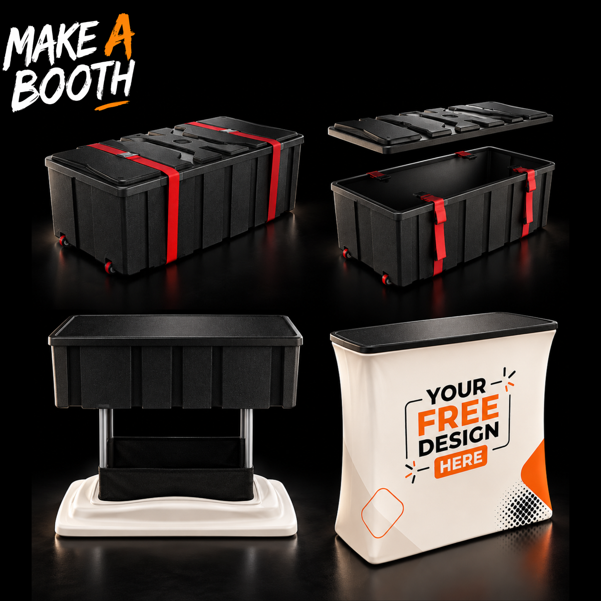 Hard shipping case with modular foam compartments, black exterior, red strap accents.