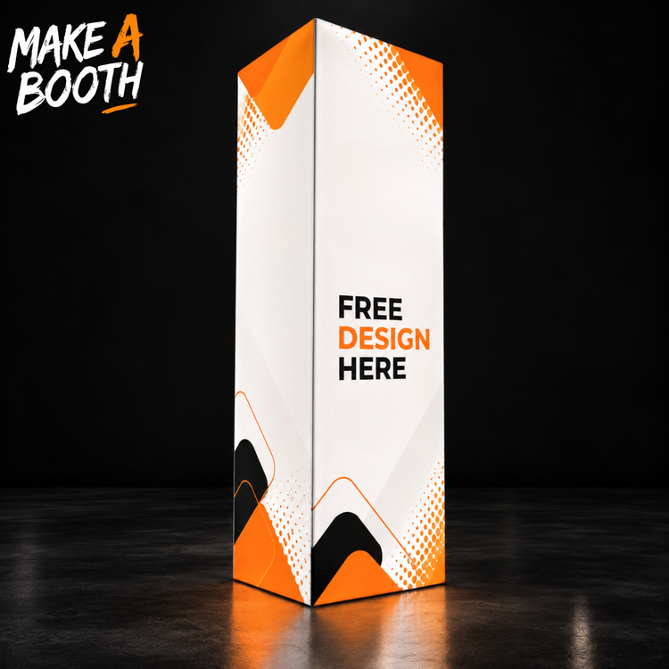 Backlit tower display with white and orange printed panels and custom design text.