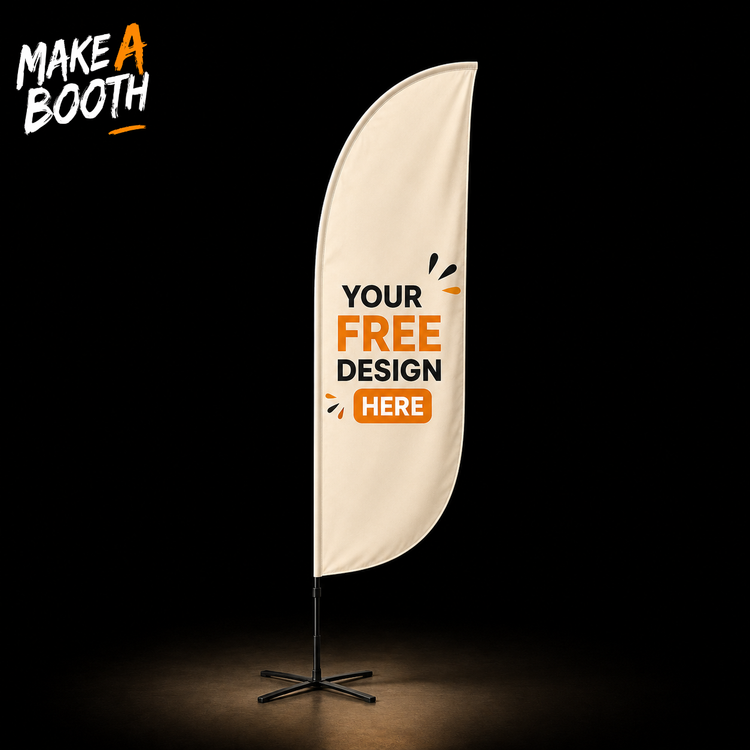Straight feather advertising flag with cream fabric and orange 'YOUR FREE DESIGN HERE' print