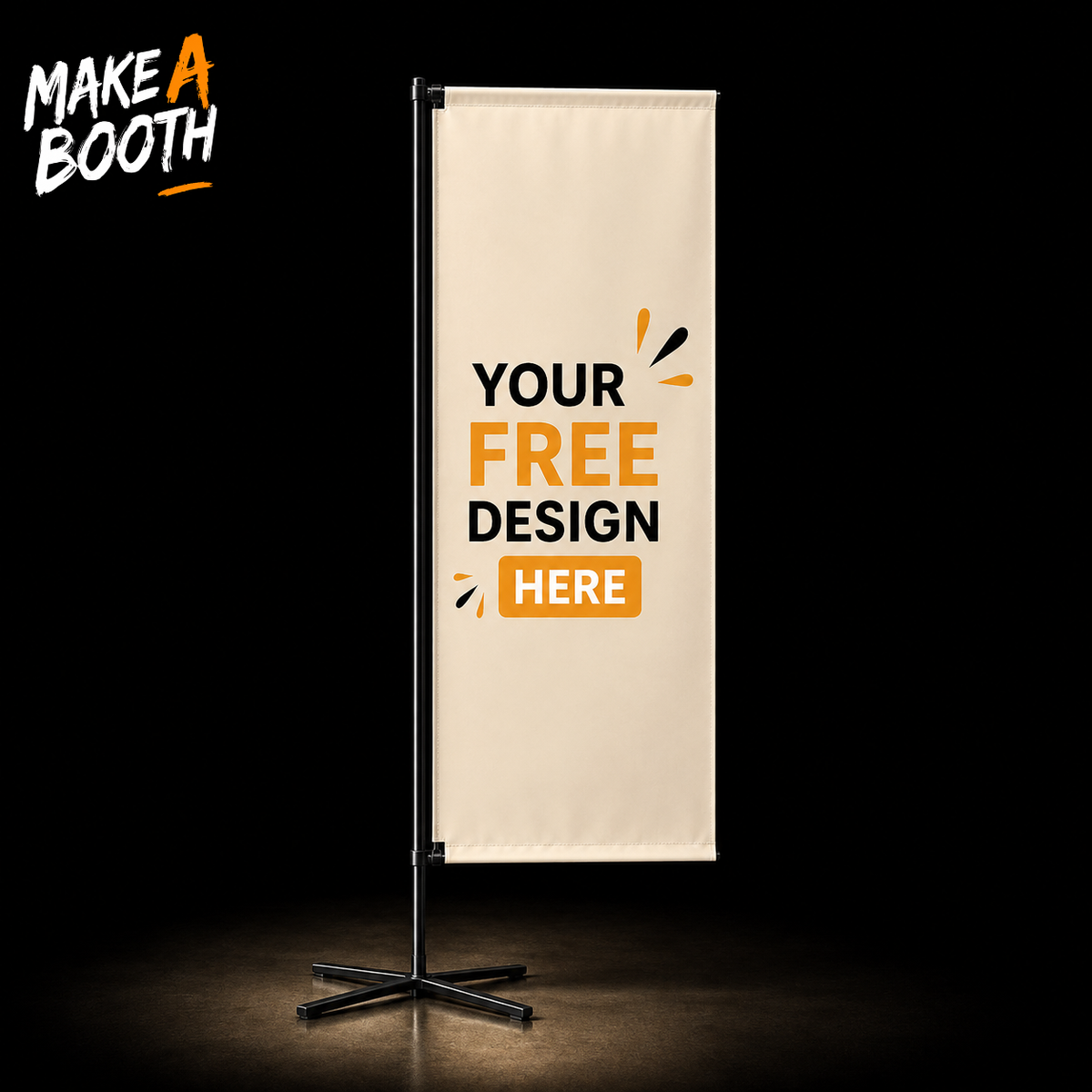 Rectangle advertising flag, cream fabric with orange 'YOUR FREE DESIGN HERE' text