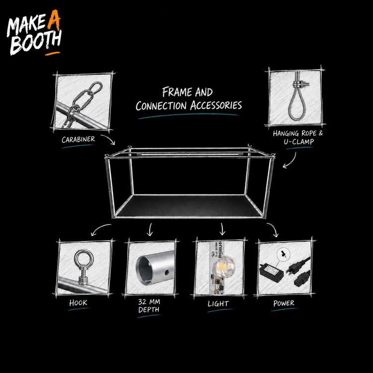 Hanging sign hardware kit diagram: hook, rope-clamp, light, power, and frame