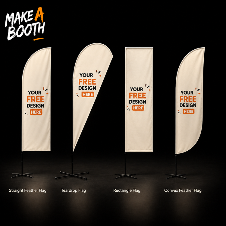 Set of four cream advertising flags on poles: straight feather, teardrop, rectangle, convex feather