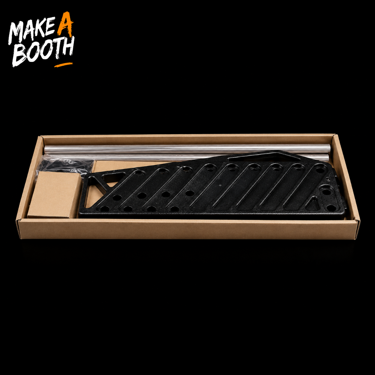 Gun rack kit in cardboard box with black tray and silver mounting rails.