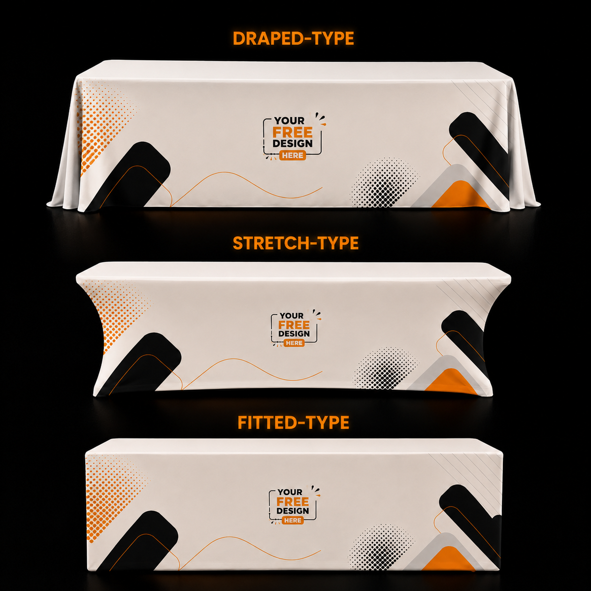 Table cover set showing draped, stretch, and fitted styles in white fabric with graphic print