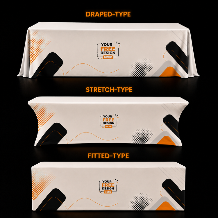 Table cover set showing draped, stretch, and fitted styles in white fabric with graphic print
