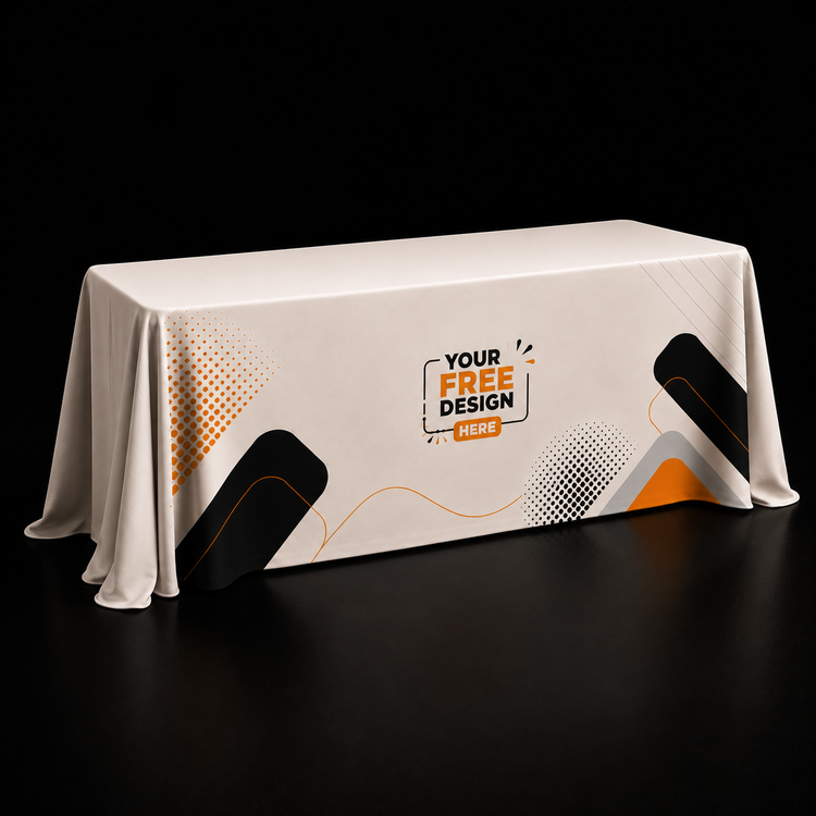 Draped table cover, white fabric with orange and black graphic print across the front edge