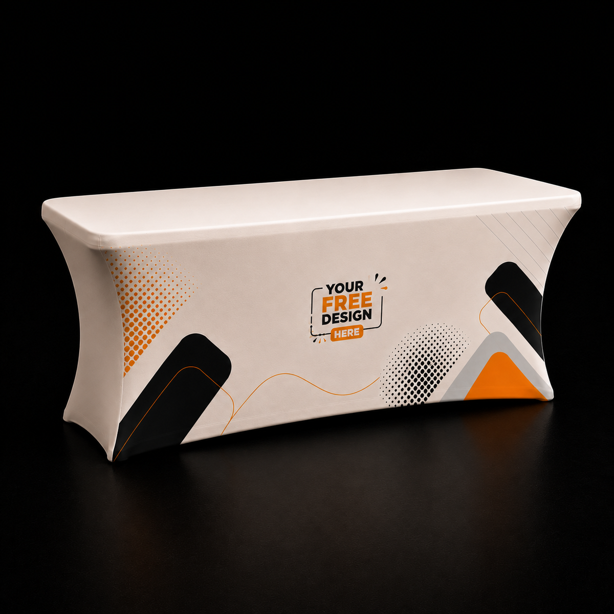 Custom table cover on rectangular table, white fabric with orange and black graphic accents