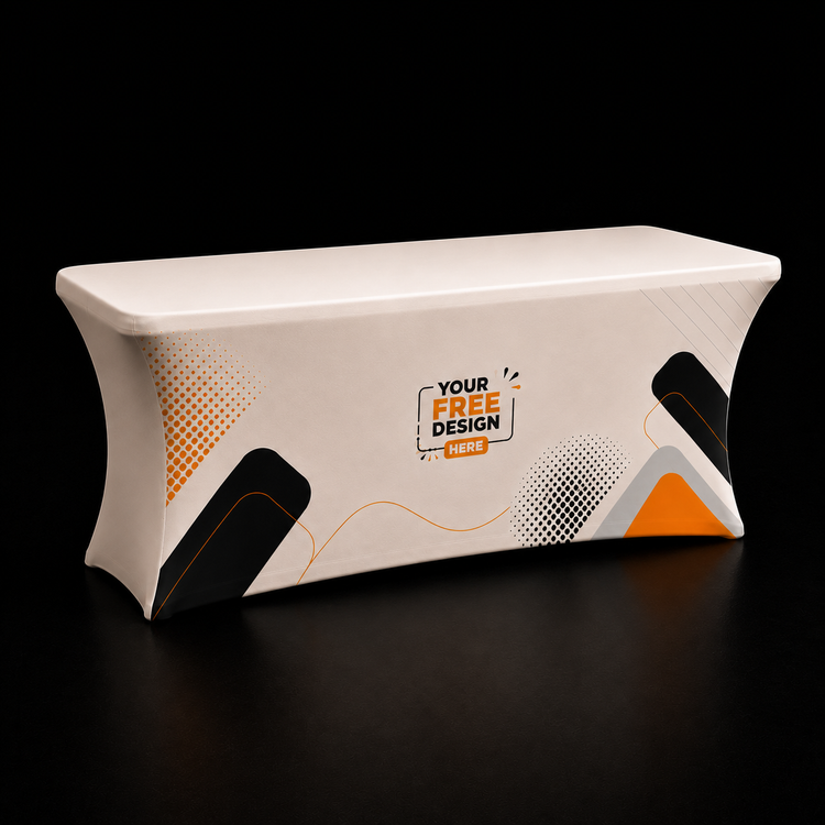 Custom table cover on rectangular table, white fabric with orange and black graphic accents