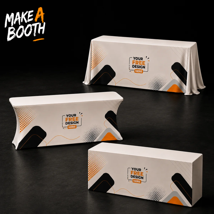 Table and cover set with matching white table covers, orange and black graphic print on each