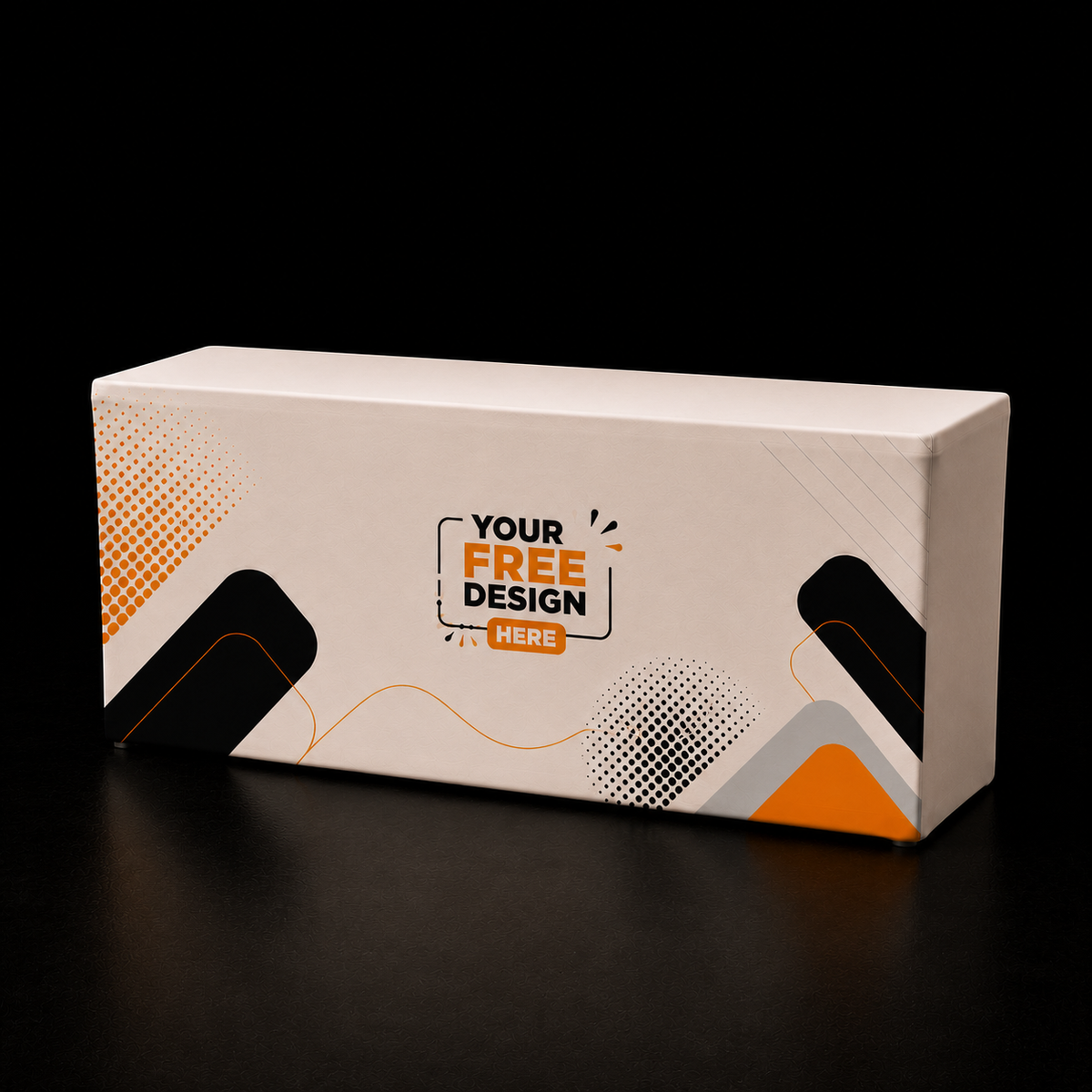 Rectangular table cover with white fabric and orange/black geometric graphic print on front panel