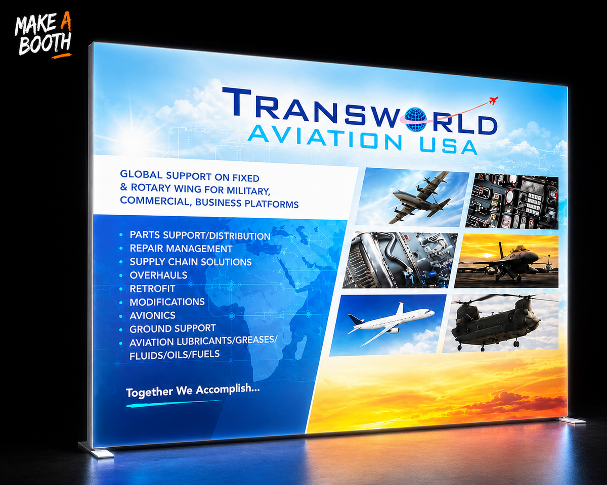 Frameless SEG lightbox display with Transworld Aviation USA aircraft banner