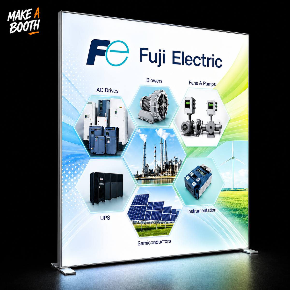 Frameless SEG lightbox display featuring Fuji Electric logo and industrial icons