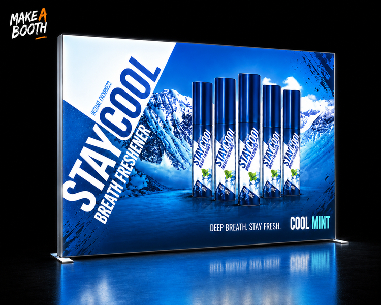 Frameless SEG lightbox display with blue mountain ad and product graphic