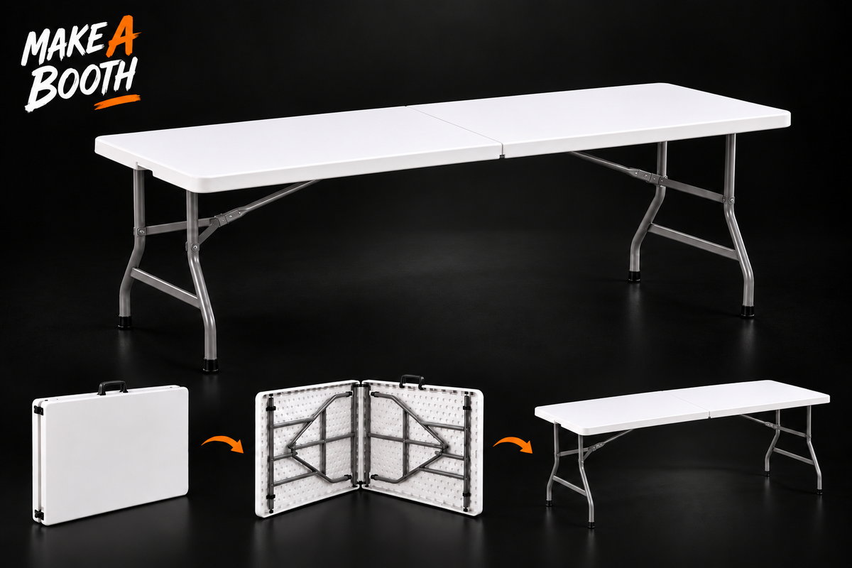 White folding table with metal legs and hinged frame for event setups