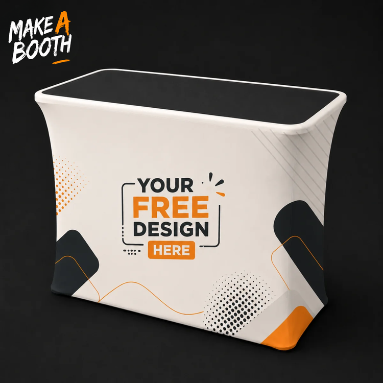 LED-lit tension fabric counter, white graphic front with orange accent feet