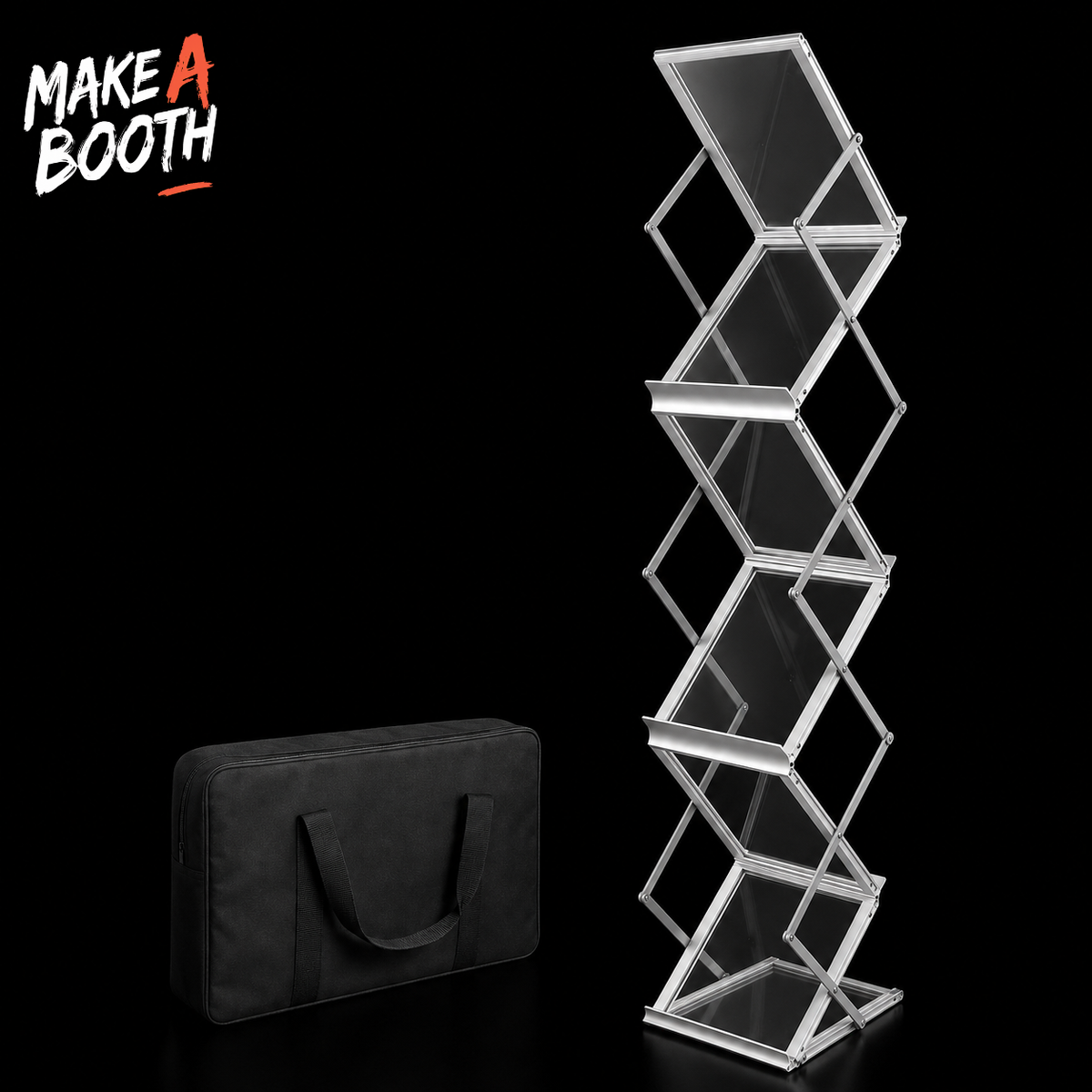 Clear acrylic multi-tier literature rack with open hex compartments and bottom storage tray