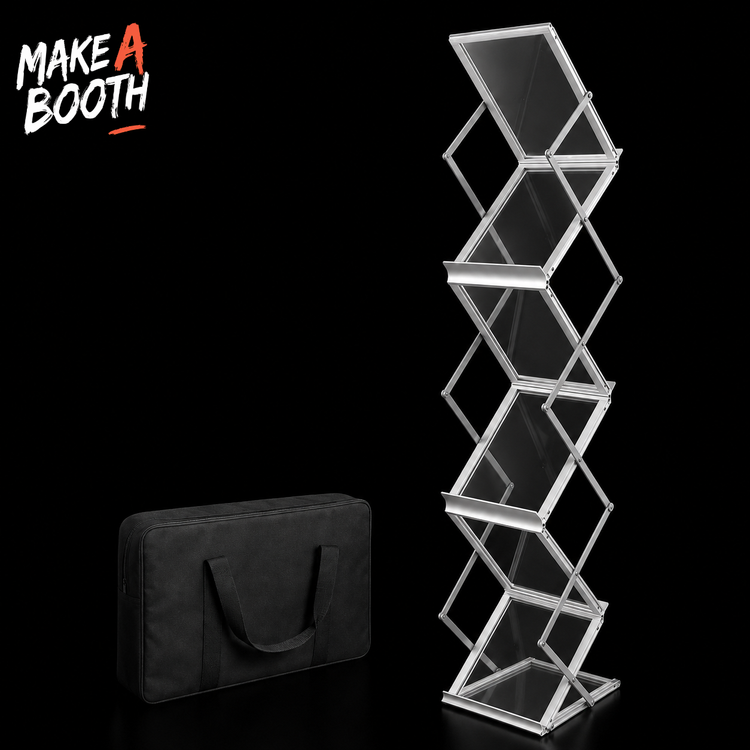 Clear acrylic multi-tier literature rack with open hex compartments and bottom storage tray