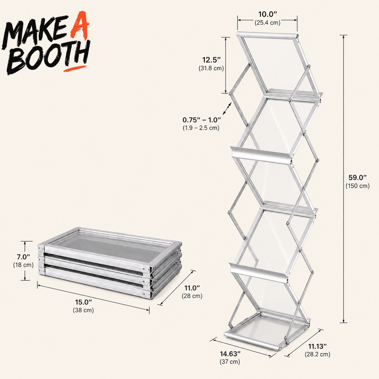 Clear acrylic literature rack with slanted brochure trays and metal side frame, multi-tier