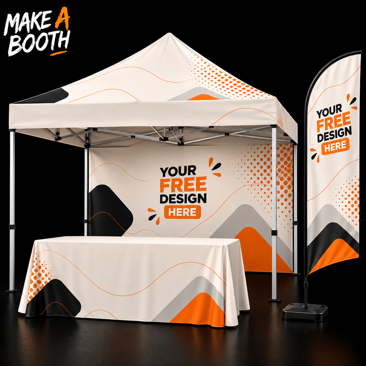 4-piece event canopy booth kit: white frame, printed side walls, table cover