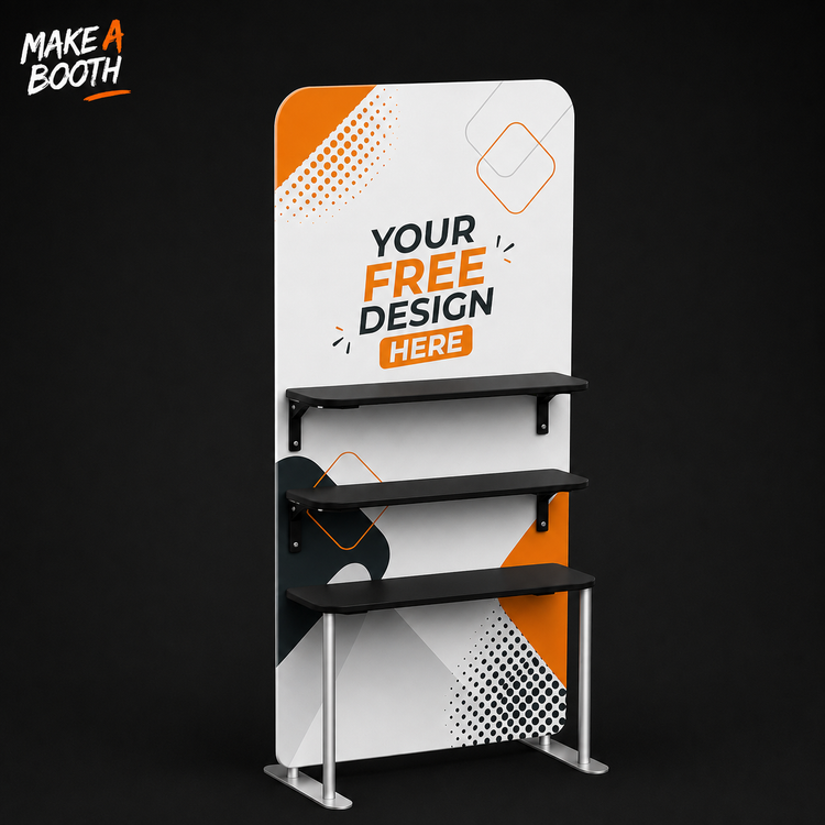 Portable fabric display shelves with three black shelves and banner panel: YOUR FREE DESIGN HERE