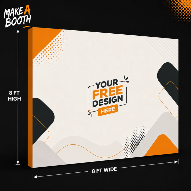 Orange-framed pop-up straight fabric display panel, white graphic print, 8 ft wide.