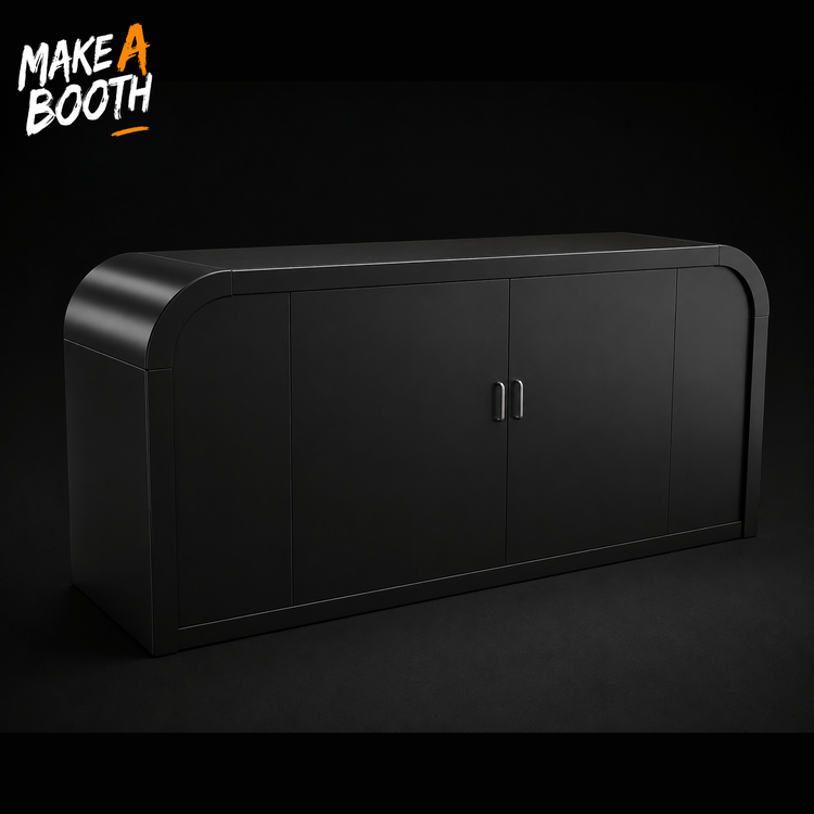 Backlit storage counter with closed doors and two vertical handles