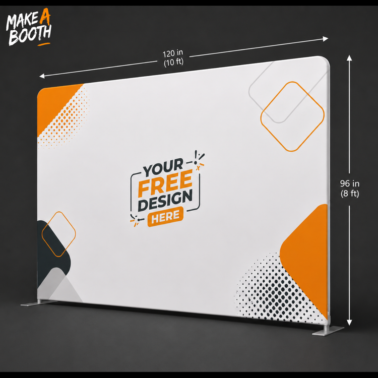 White tension fabric backdrop panel with orange side accents and rounded top frame