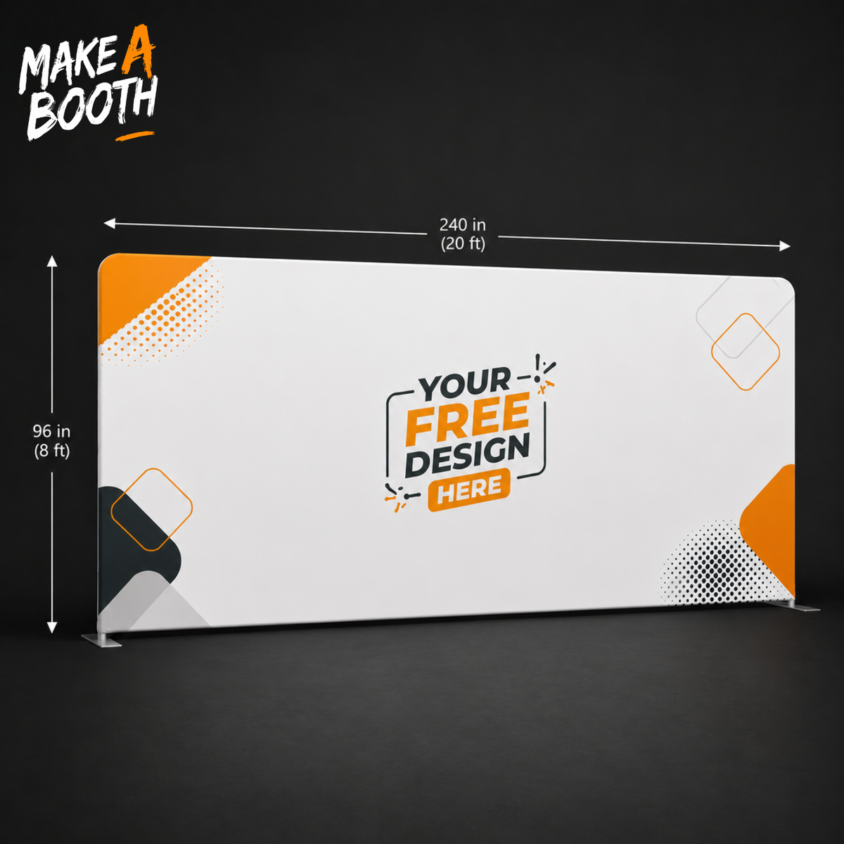 White tension fabric backdrop panel with orange side trim and rounded top frame