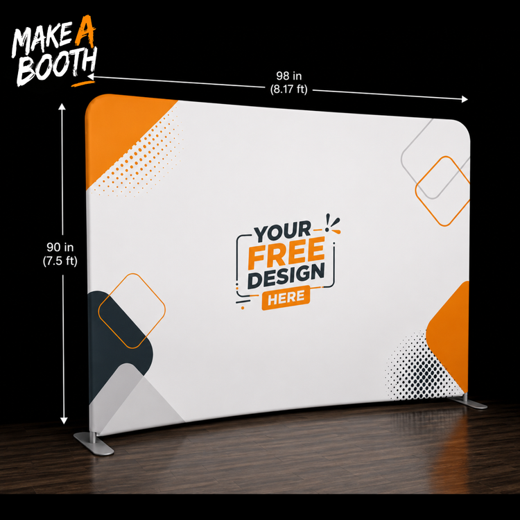 White tension fabric backdrop display with orange side panels and rounded top frame