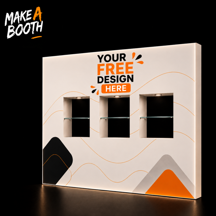 White pop-up booth with three illuminated interior shelves and front window openings