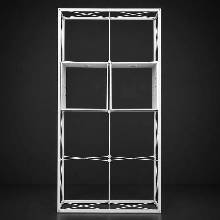 Pop-up display frame with multiple internal shelf panels and open front compartments