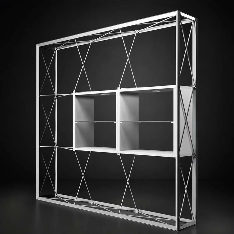 Pop-up display with open front and internal shelving compartments, shown in a side view