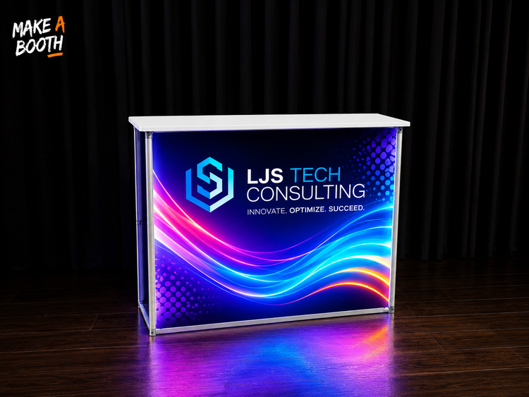 Backlit SEG light box counter with colorful wave graphics on illuminated front