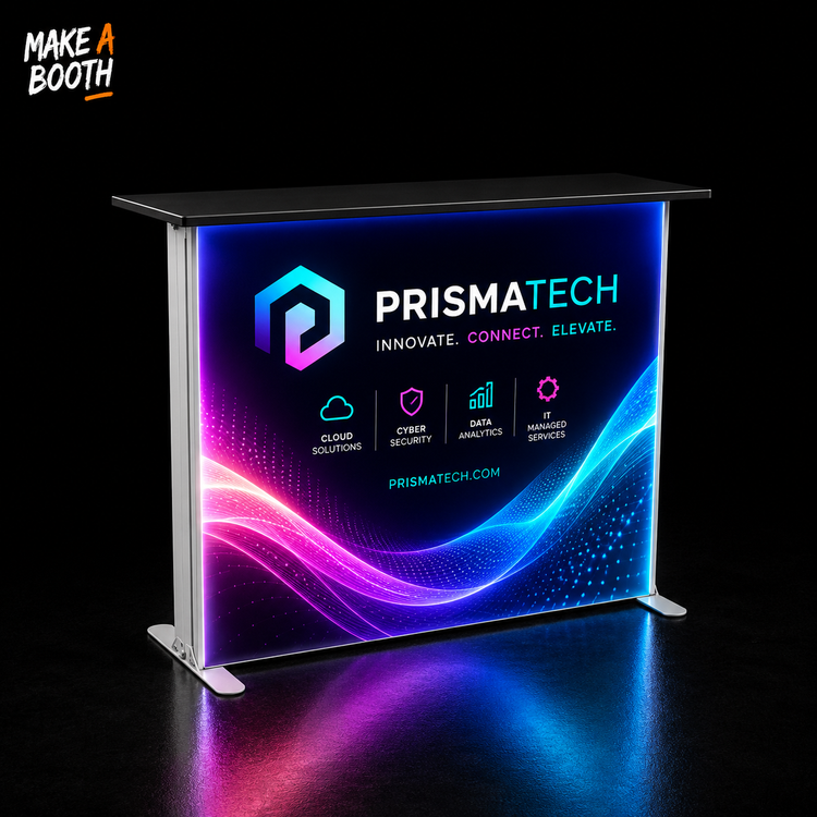 Foldable fabric display counter with illuminated purple-blue PRISMATECH branding