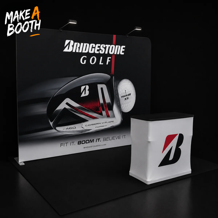 Black tension fabric display kit with Bridgestone Golf banner and white countertop